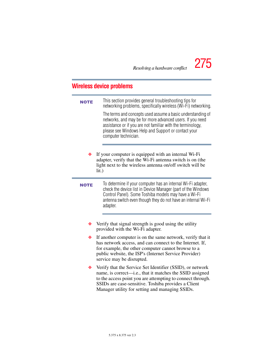 Wireless device problems | Toshiba F25Series User Manual | Page 275 / 345