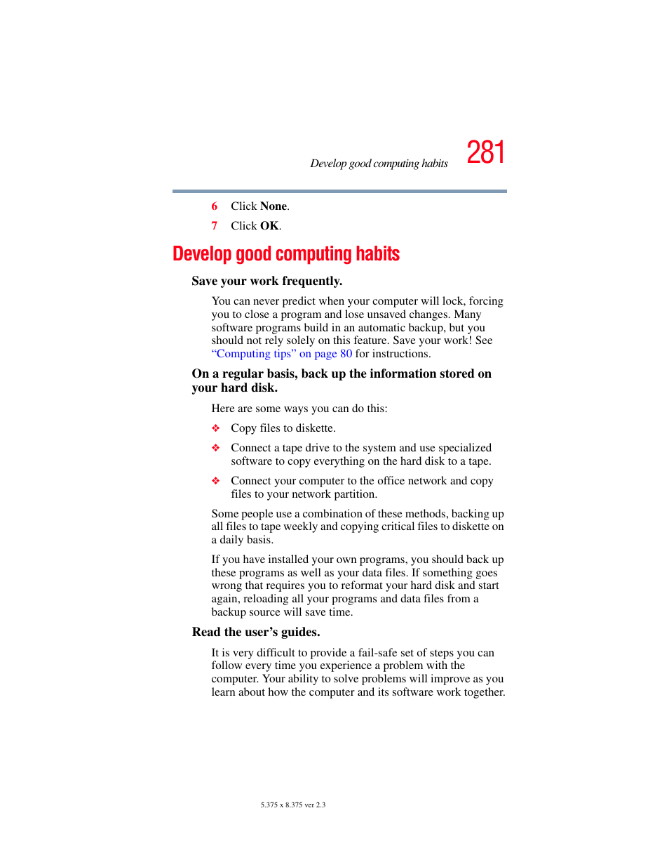 Develop good computing habits | Toshiba F25Series User Manual | Page 281 / 345