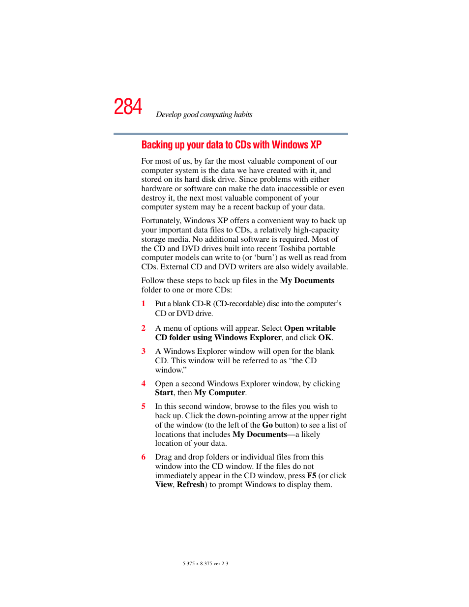 Backing up your data | Toshiba F25Series User Manual | Page 284 / 345