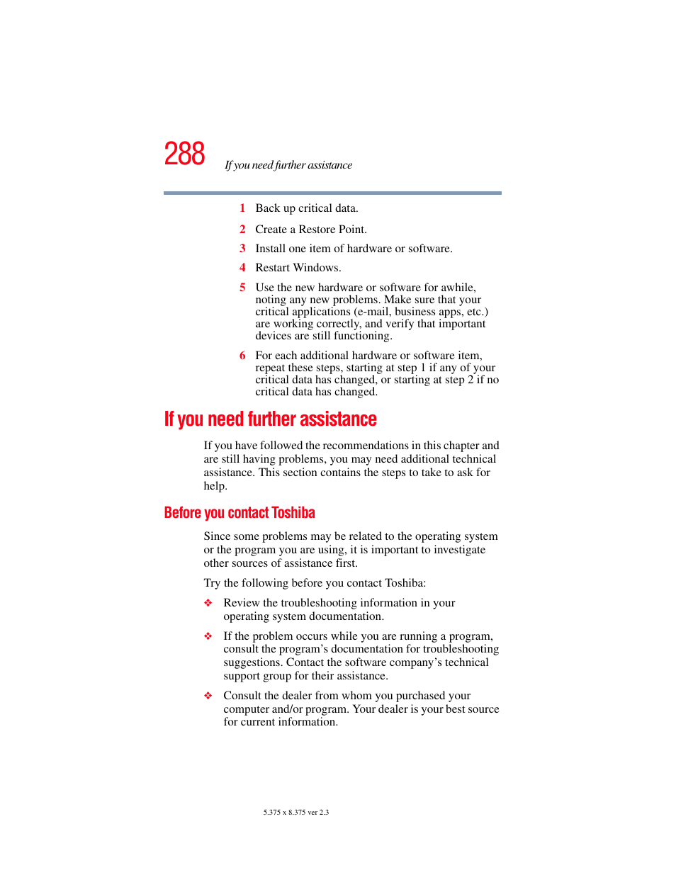 If you need further assistance, Before you contact toshiba | Toshiba F25Series User Manual | Page 288 / 345
