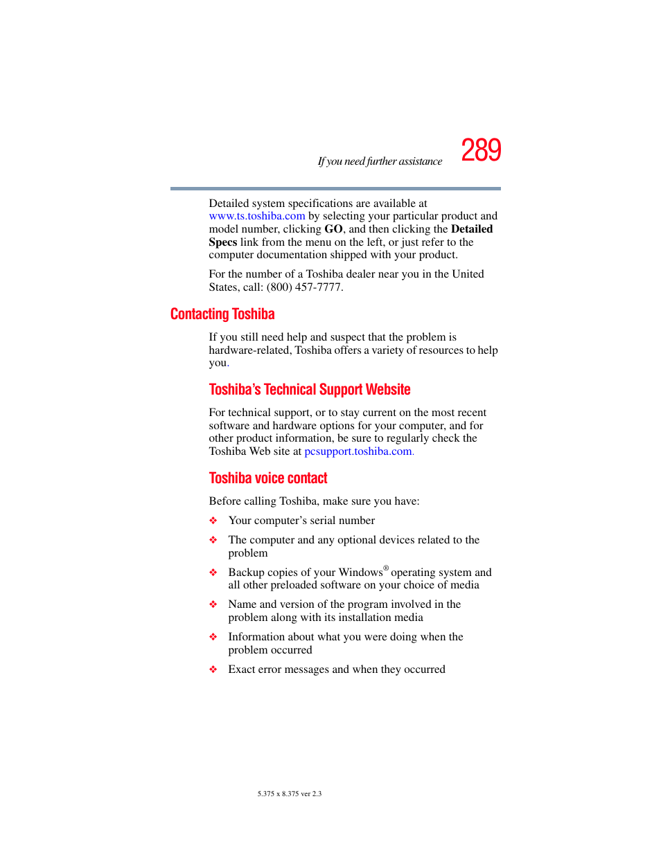 Contacting toshiba, Toshiba’s technical support website, Toshiba voice contact | Toshiba F25Series User Manual | Page 289 / 345