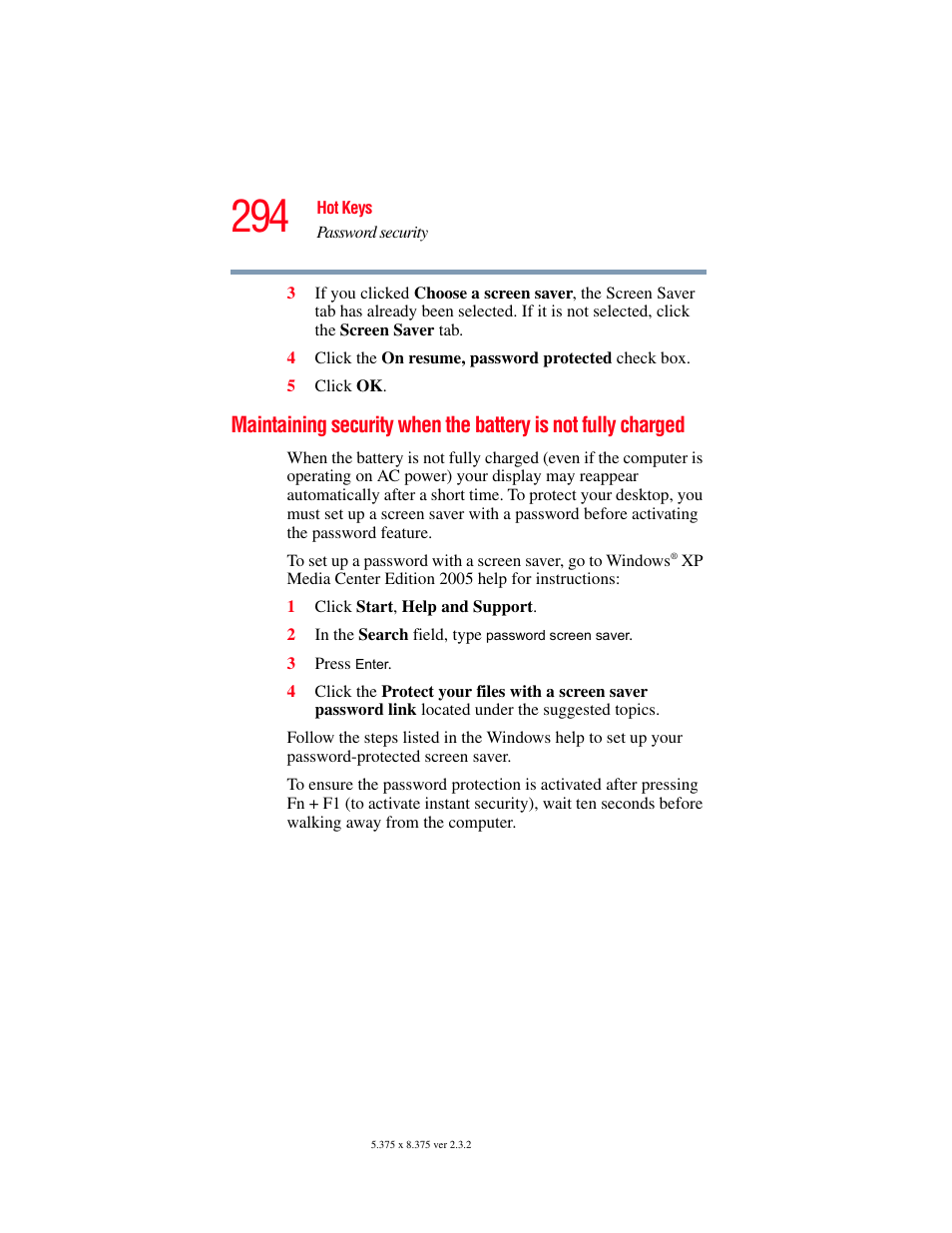 Maintaining security when the battery is, Not fully charged | Toshiba F25Series User Manual | Page 294 / 345