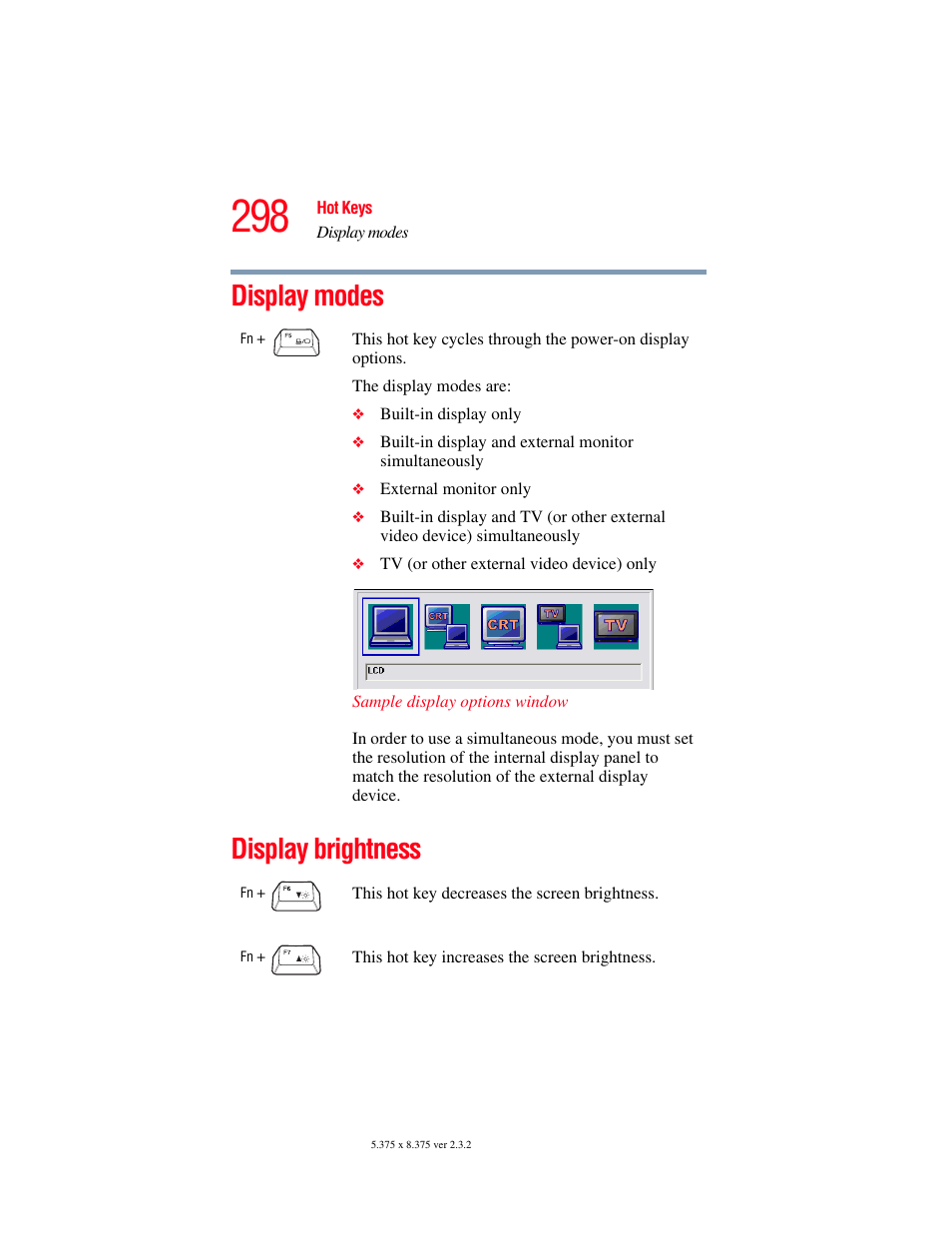 Display modes, Display brightness, Display modes display brightness | Toshiba F25Series User Manual | Page 298 / 345