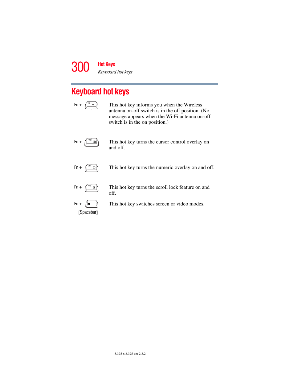 Keyboard hot keys | Toshiba F25Series User Manual | Page 300 / 345