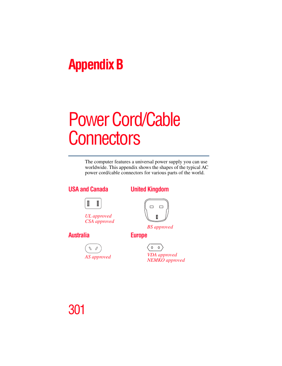 Appendix b: power cord/cable connectors, Power cord/cable connectors, Appendix b | Toshiba F25Series User Manual | Page 301 / 345