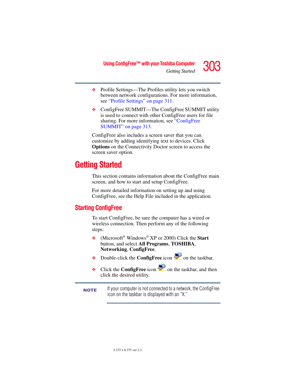Getting started, Starting configfree | Toshiba F25Series User Manual | Page 303 / 345