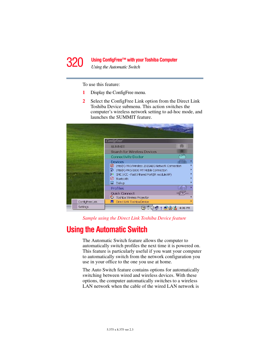 Using the automatic switch | Toshiba F25Series User Manual | Page 320 / 345