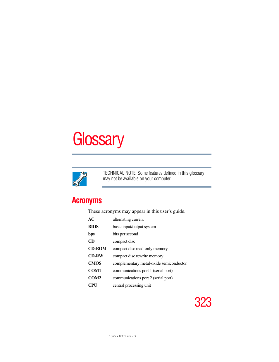 Glossary, Acronyms | Toshiba F25Series User Manual | Page 323 / 345