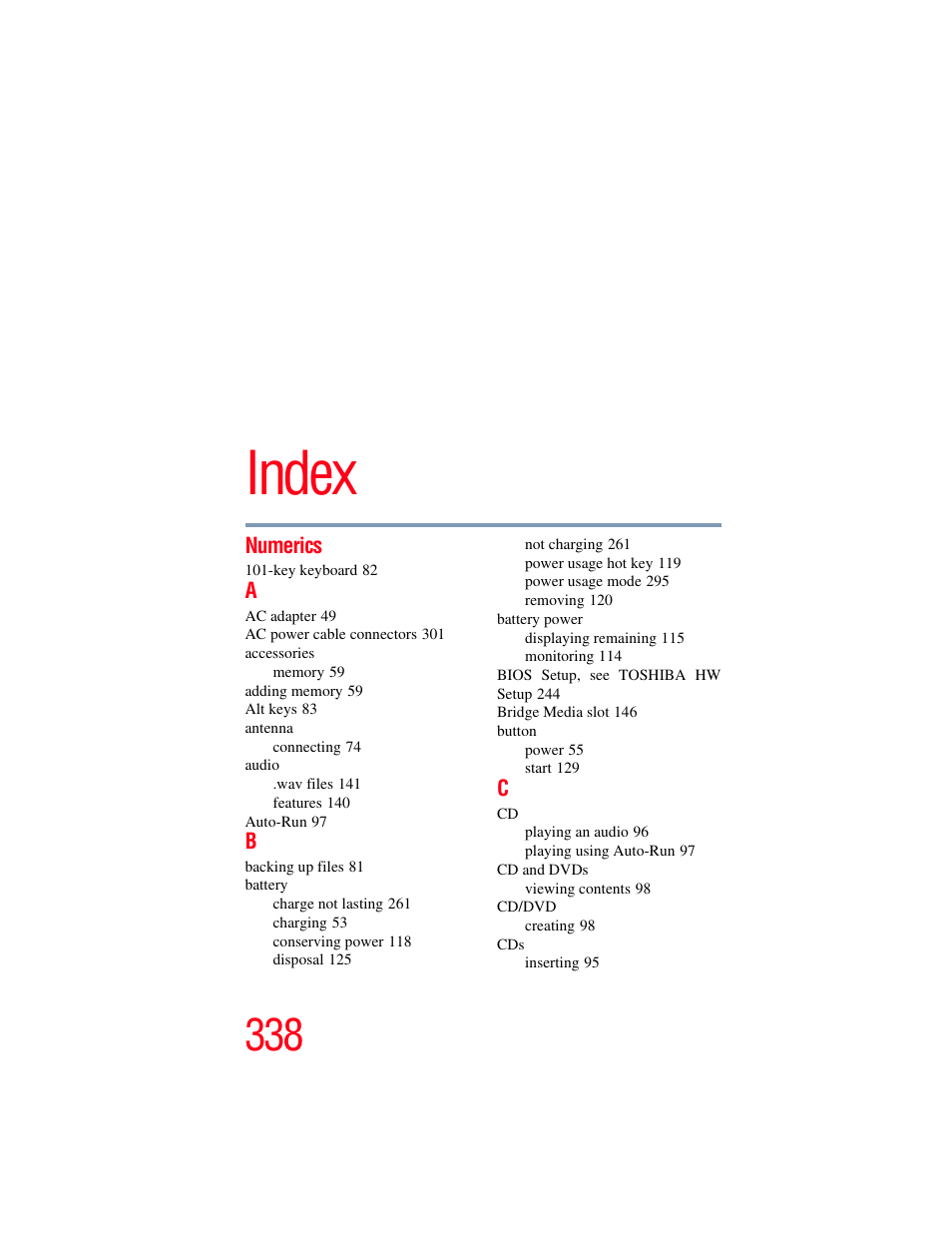 Index, Numerics | Toshiba F25Series User Manual | Page 338 / 345