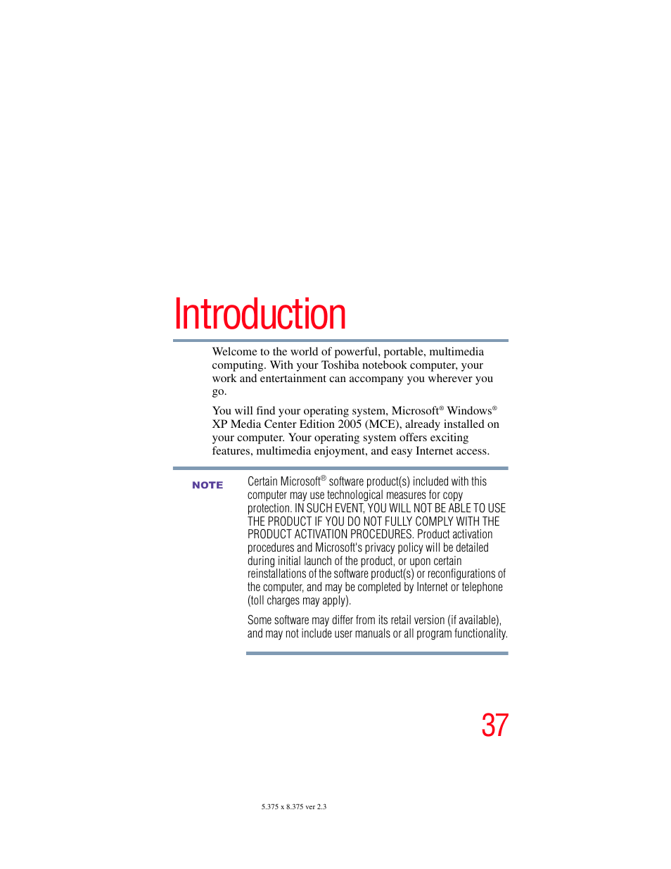 Introduction | Toshiba F25Series User Manual | Page 37 / 345