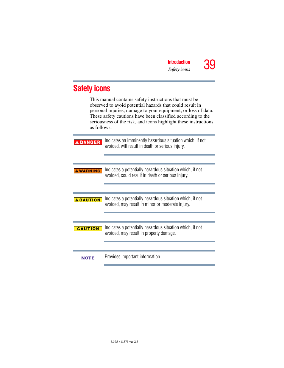 Safety icons | Toshiba F25Series User Manual | Page 39 / 345
