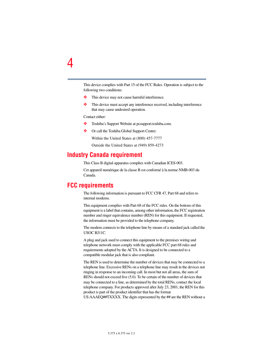 Industry canada requirement, Fcc requirements | Toshiba F25Series User Manual | Page 4 / 345