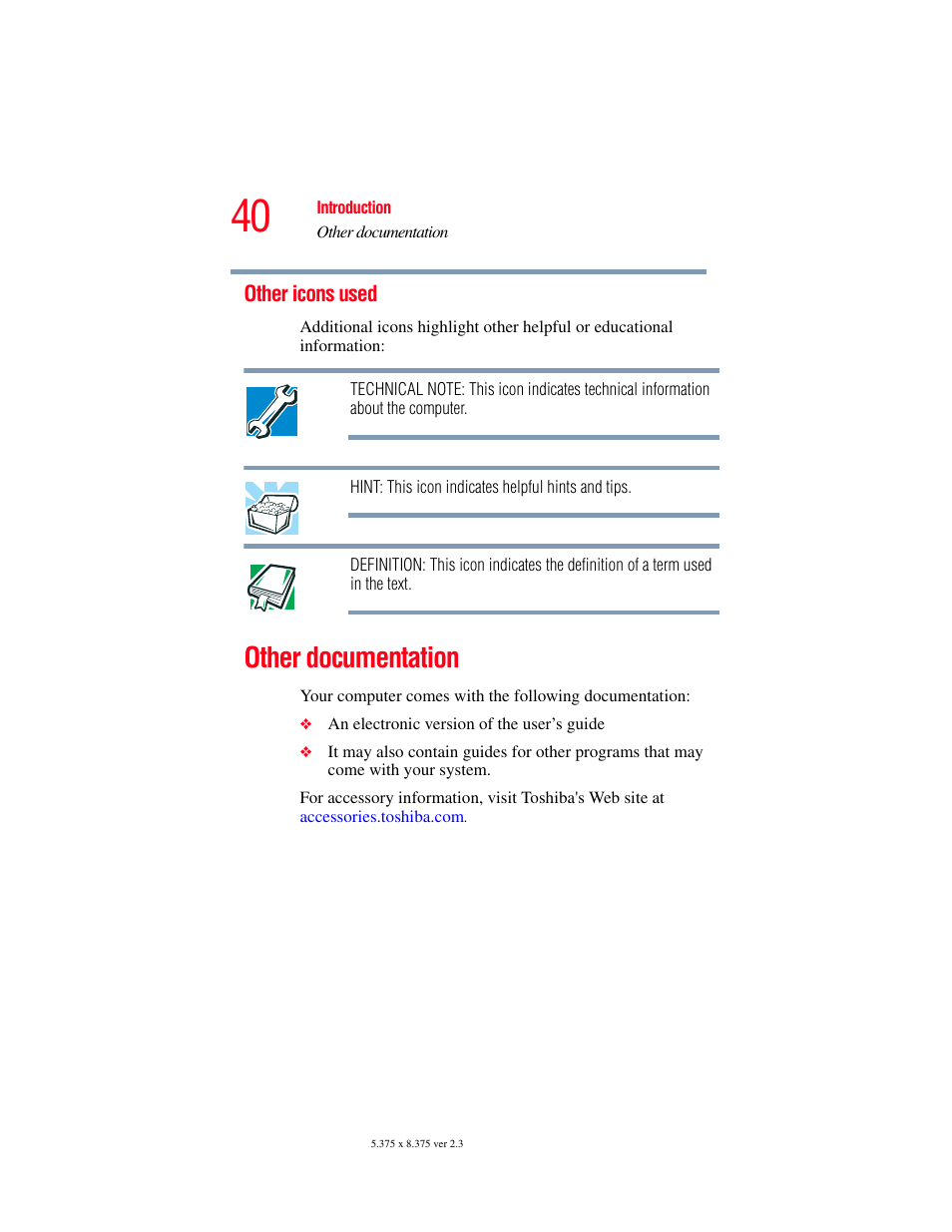 Other icons used, Other documentation | Toshiba F25Series User Manual | Page 40 / 345