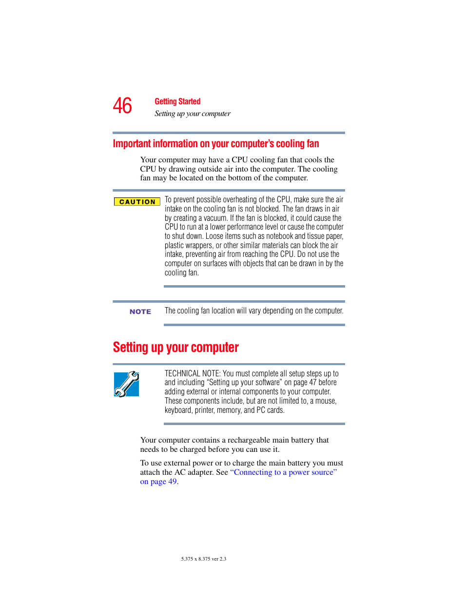 Setting up your computer, Important information on your computer’s, Cooling fan | Toshiba F25Series User Manual | Page 46 / 345