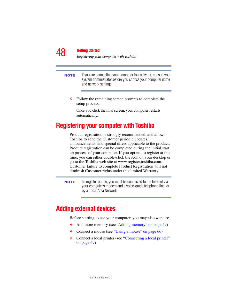 Registering your computer with toshiba, Adding external devices | Toshiba F25Series User Manual | Page 48 / 345