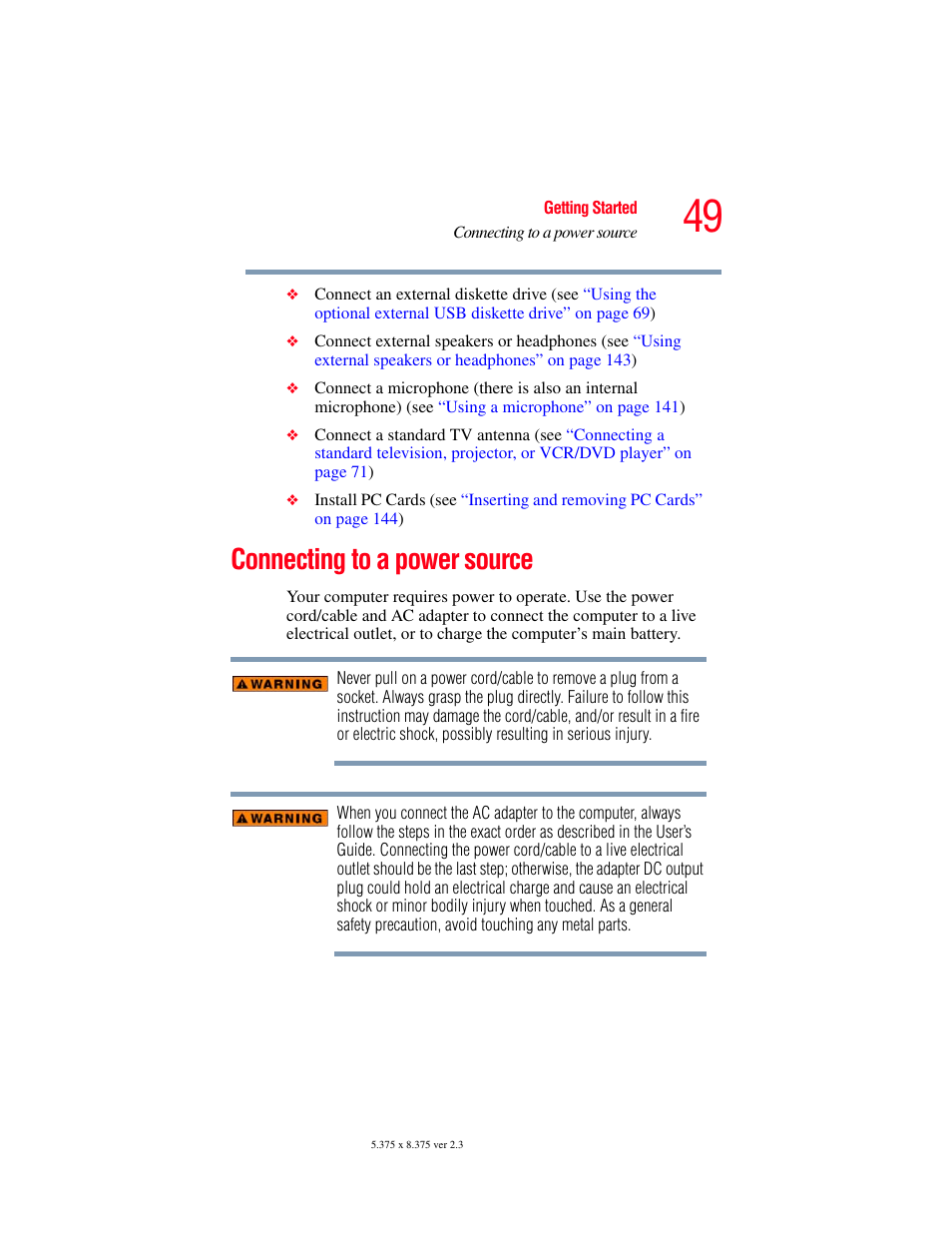 Connecting to a power source | Toshiba F25Series User Manual | Page 49 / 345
