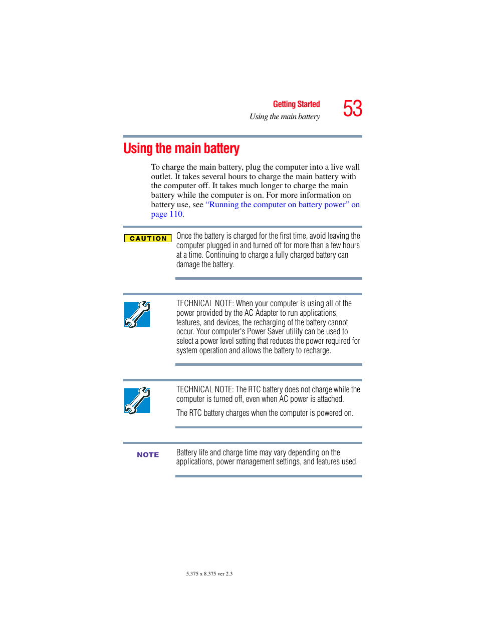 Using the main battery | Toshiba F25Series User Manual | Page 53 / 345