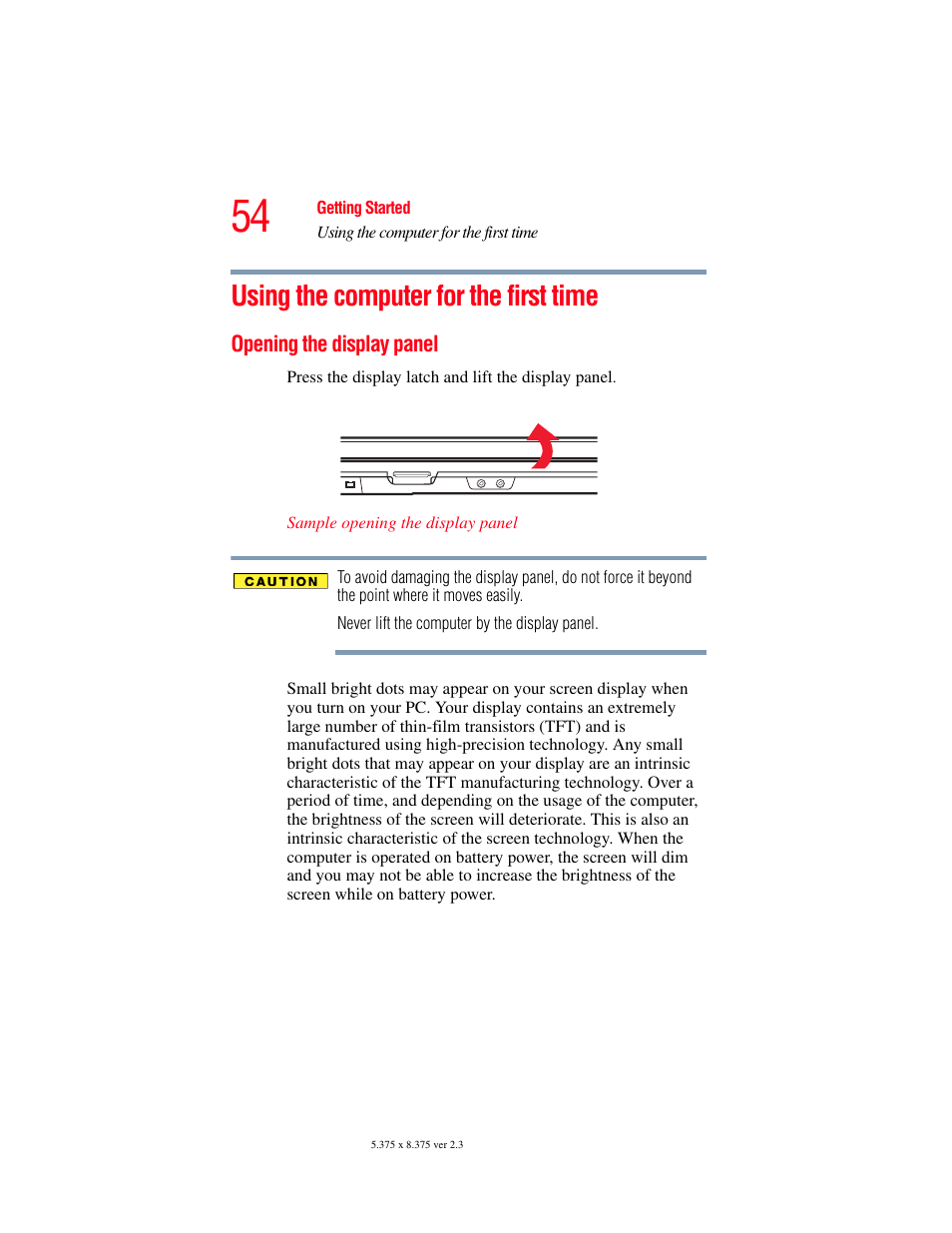Using the computer for the first time, Opening the display panel | Toshiba F25Series User Manual | Page 54 / 345