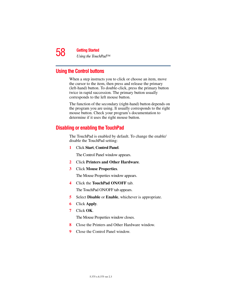 Using the control buttons, Disabling or enabling the touchpad | Toshiba F25Series User Manual | Page 58 / 345