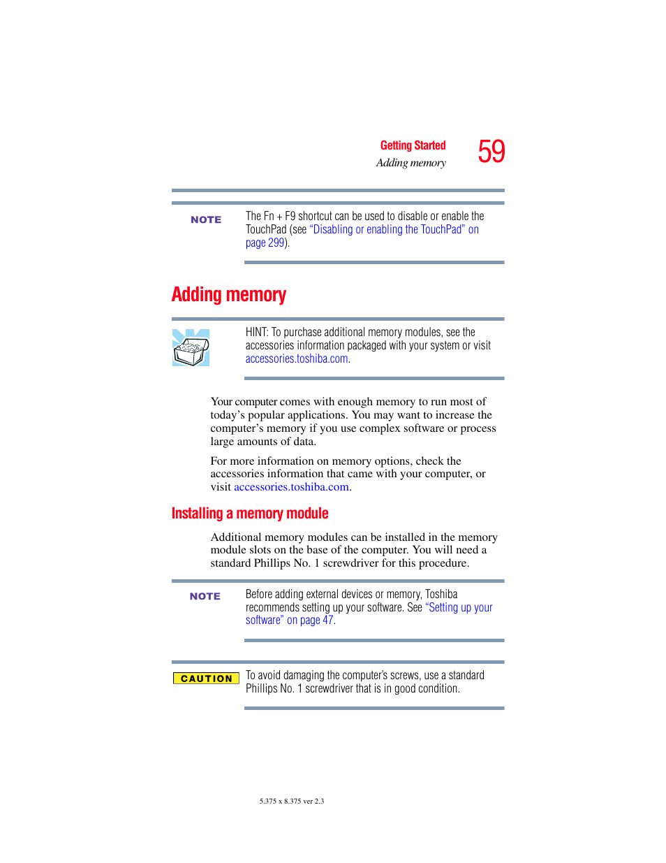 Adding memory, Installing a memory module | Toshiba F25Series User Manual | Page 59 / 345