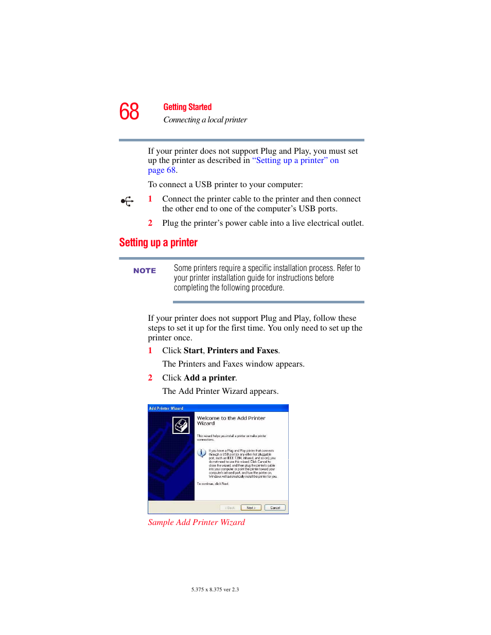 Setting up a printer | Toshiba F25Series User Manual | Page 68 / 345