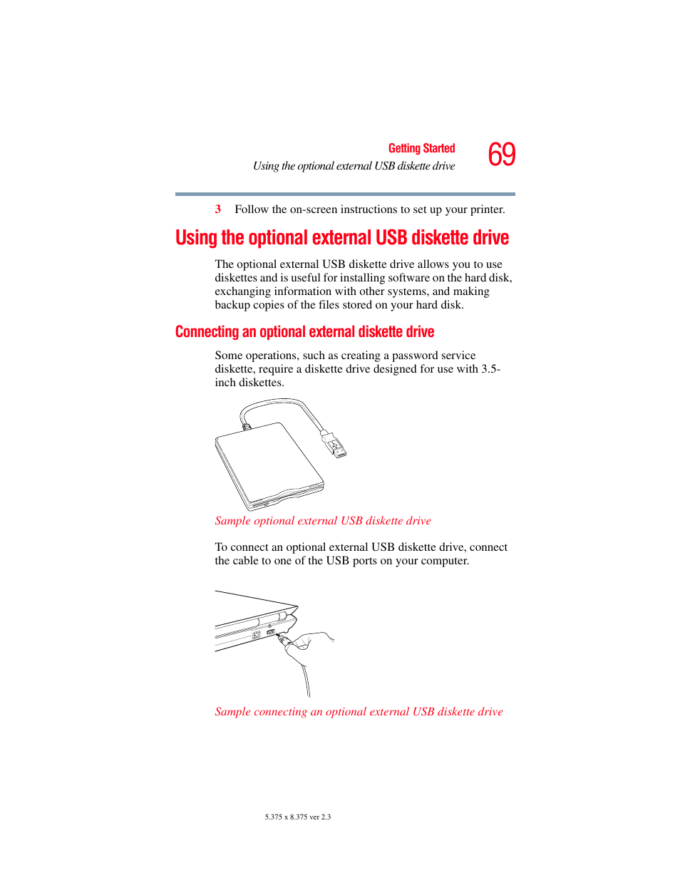 Using the optional external usb diskette drive, Connecting an optional external diskette drive, Using the | Toshiba F25Series User Manual | Page 69 / 345