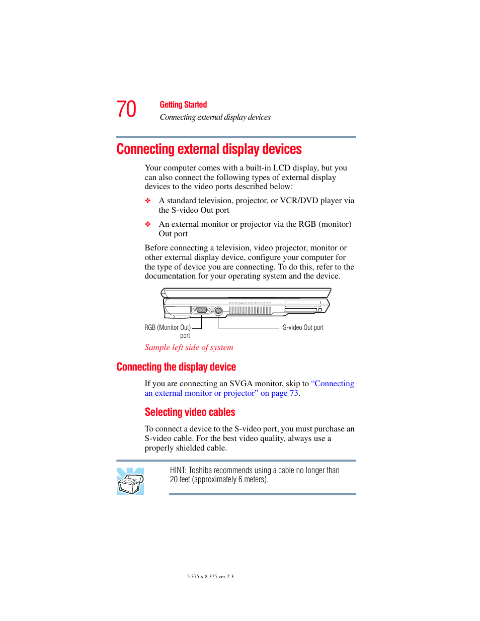 Connecting external display devices, Connecting the display device | Toshiba F25Series User Manual | Page 70 / 345