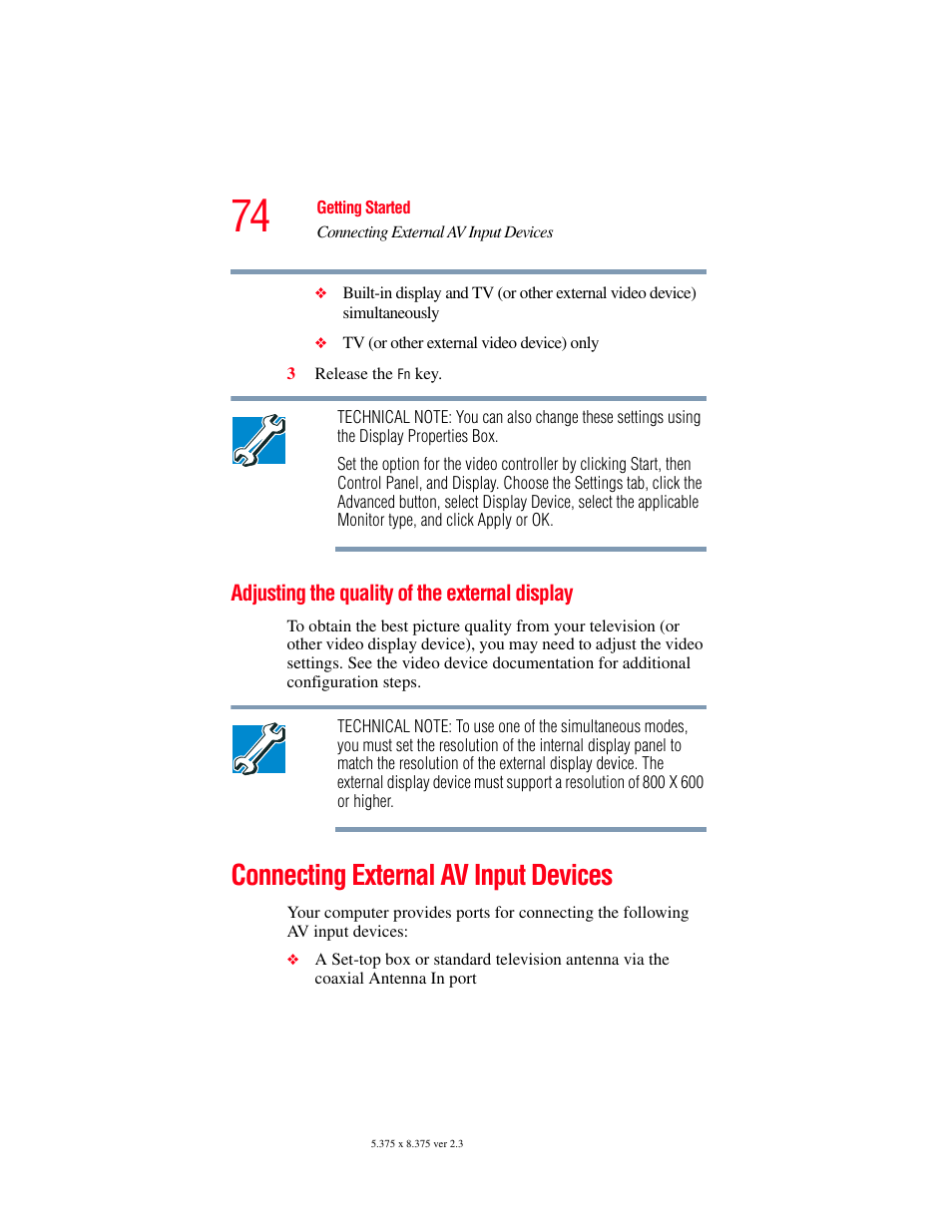 Adjusting the quality of the external display, Connecting external av input devices | Toshiba F25Series User Manual | Page 74 / 345