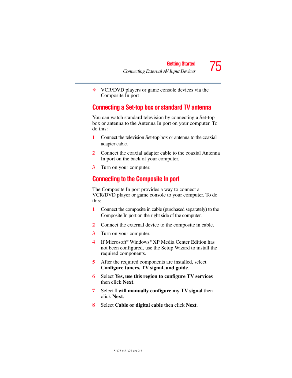 Connecting a set-top box or standard tv antenna, Connecting to the composite in port | Toshiba F25Series User Manual | Page 75 / 345