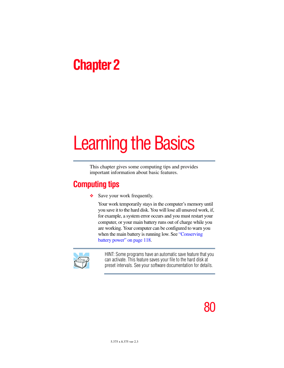 Chapter 2: learning the basics, Computing tips, Learning the basics | Chapter 2 | Toshiba F25Series User Manual | Page 80 / 345