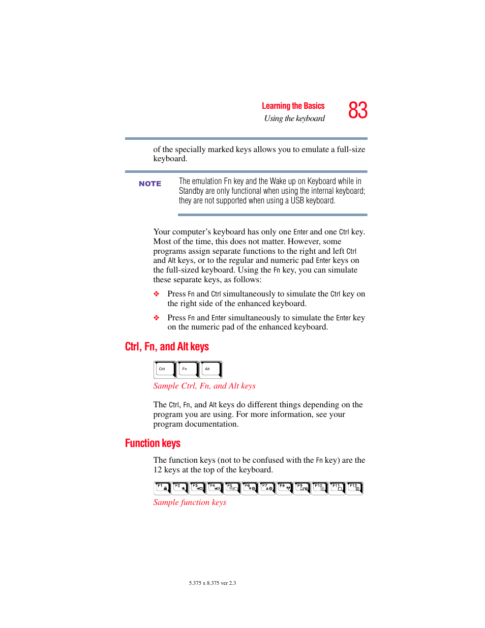 Ctrl, fn, and alt keys, Function keys, Ctrl, fn, and alt keys function keys | Toshiba F25Series User Manual | Page 83 / 345