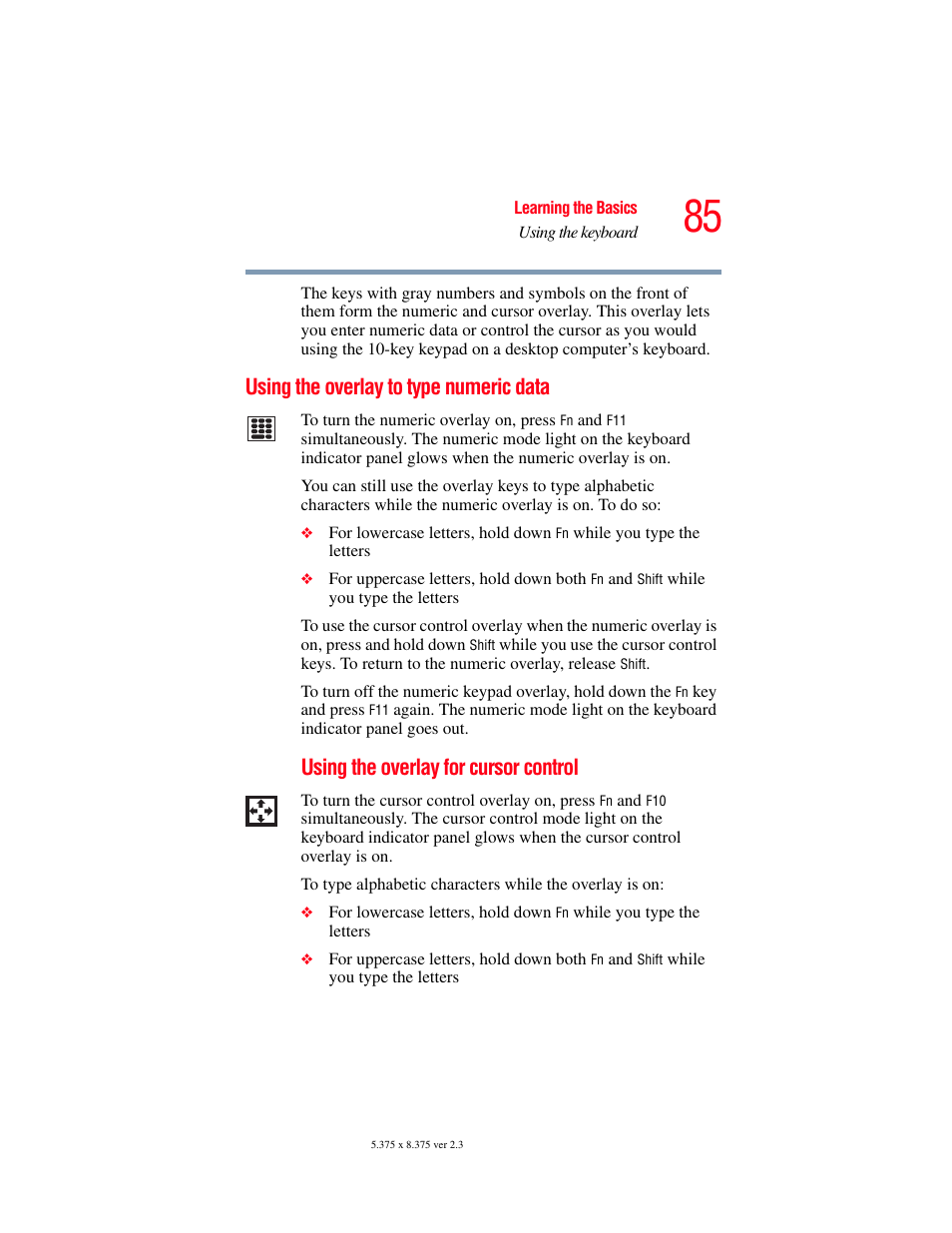 Using the overlay to type numeric data, Using the overlay for cursor control | Toshiba F25Series User Manual | Page 85 / 345