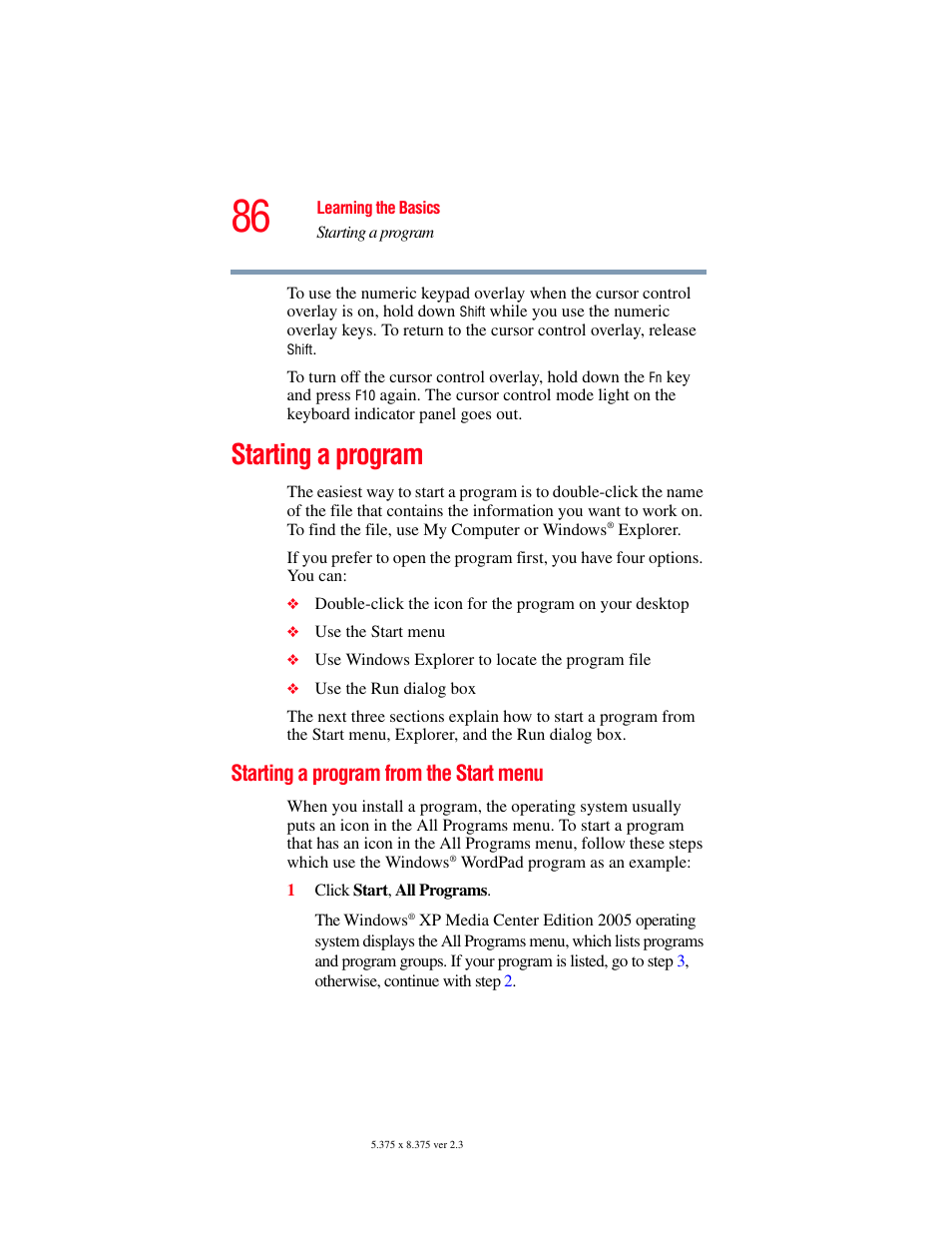 Starting a program, Starting a program from the start menu | Toshiba F25Series User Manual | Page 86 / 345