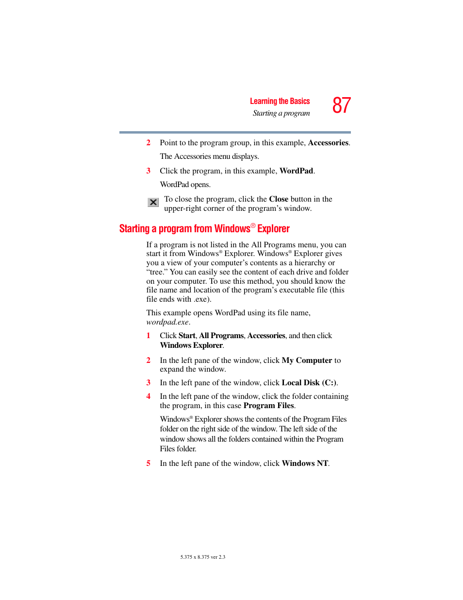 Starting a program from windows ® explorer, Starting a program from windows, Explorer | Toshiba F25Series User Manual | Page 87 / 345