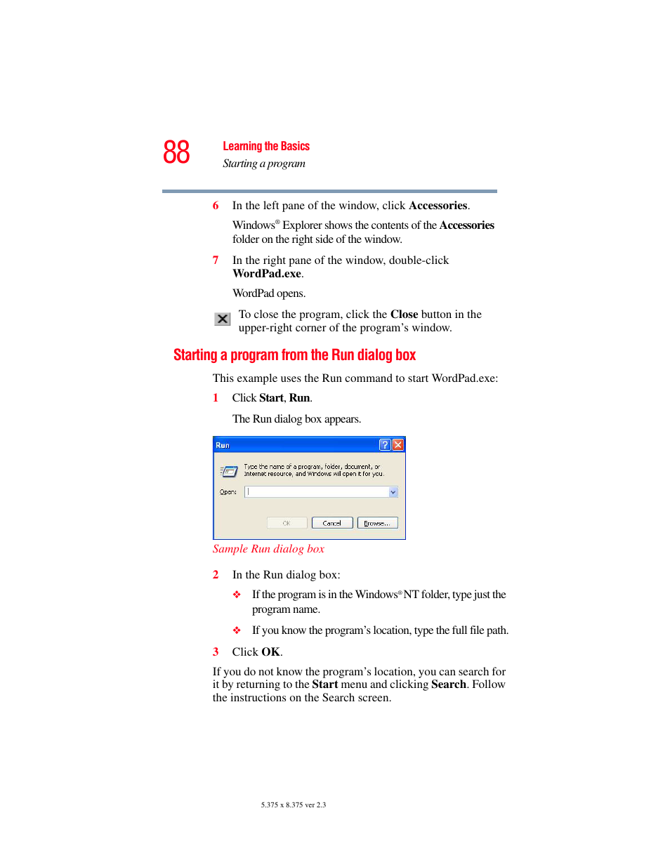 Starting a program from the run dialog box | Toshiba F25Series User Manual | Page 88 / 345