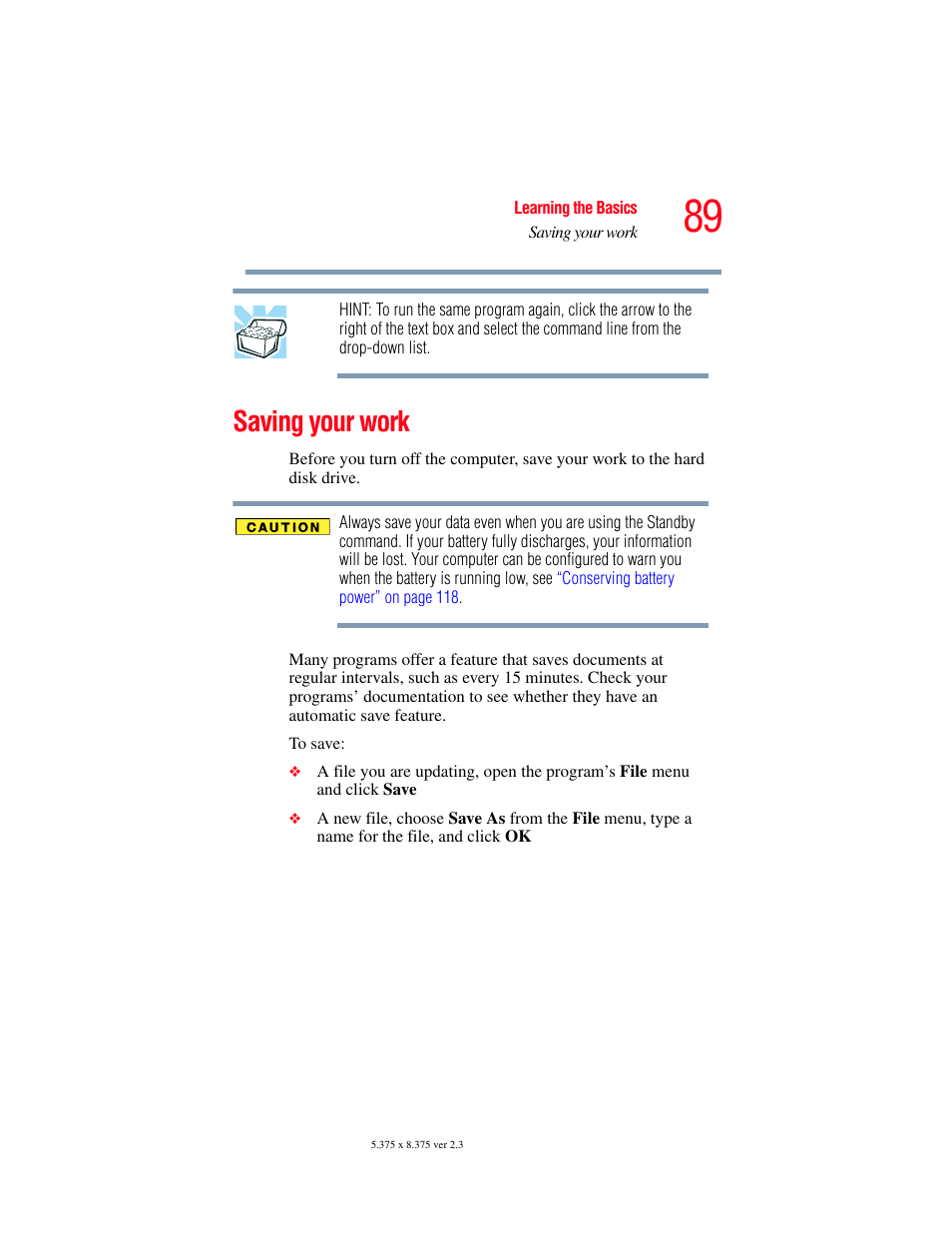 Saving your work | Toshiba F25Series User Manual | Page 89 / 345