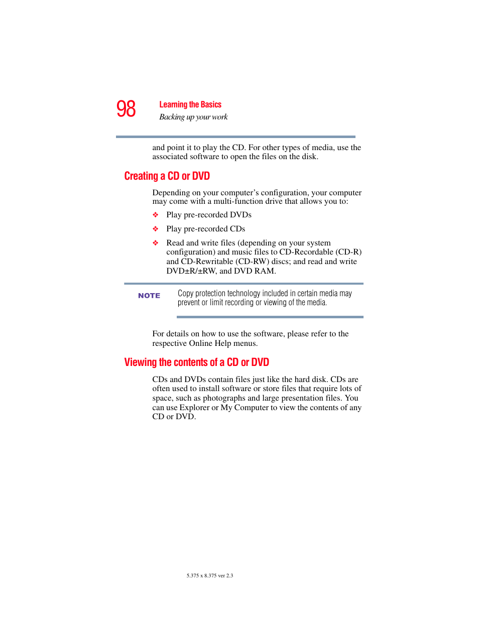 Creating a cd or dvd, Viewing the contents of a cd or dvd | Toshiba F25Series User Manual | Page 98 / 345