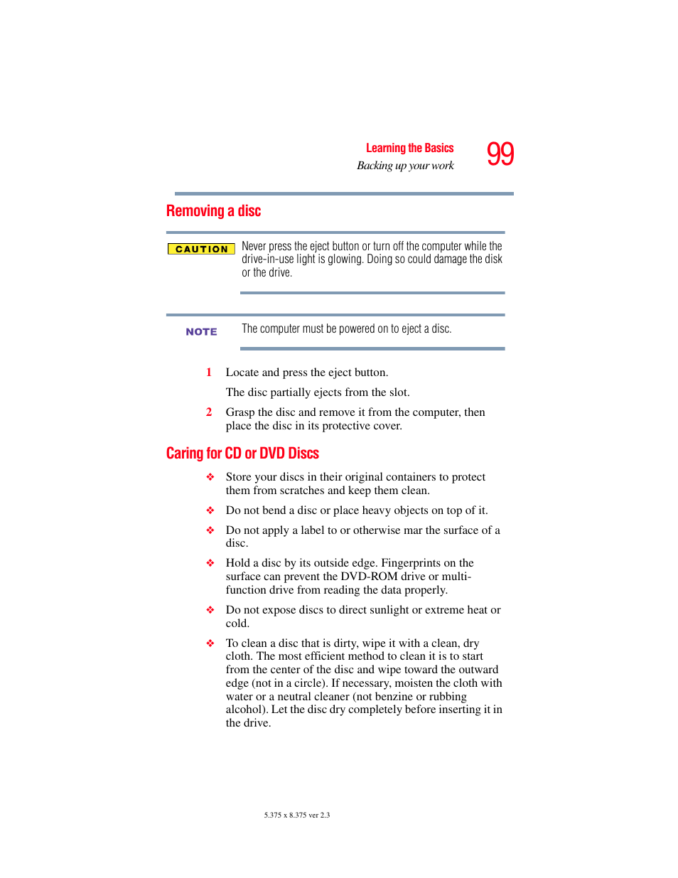 Removing a disc, Caring for cd or dvd discs, Removing a disc caring for cd or dvd discs | Caring for cd or | Toshiba F25Series User Manual | Page 99 / 345