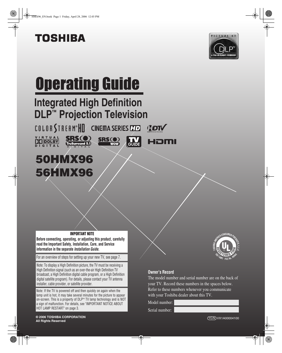 Toshiba Integrated High Definition DLP 50HMX96 User Manual | 90 pages