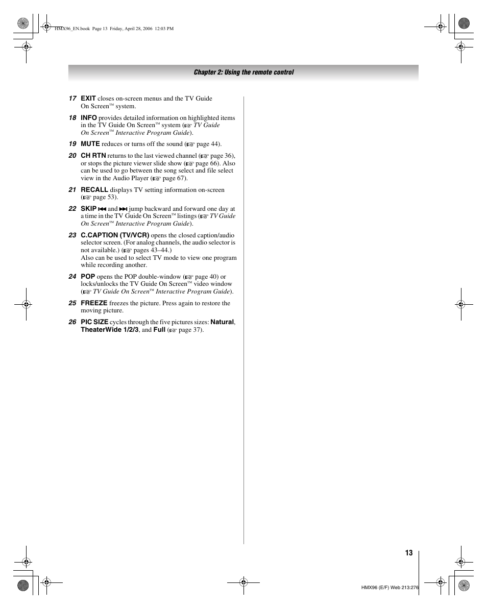 Toshiba Integrated High Definition DLP 50HMX96 User Manual | Page 13 / 90