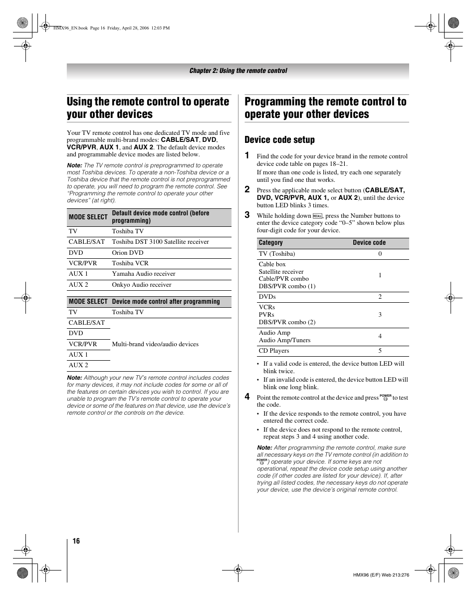 Device code setup 1 | Toshiba Integrated High Definition DLP 50HMX96 User Manual | Page 16 / 90