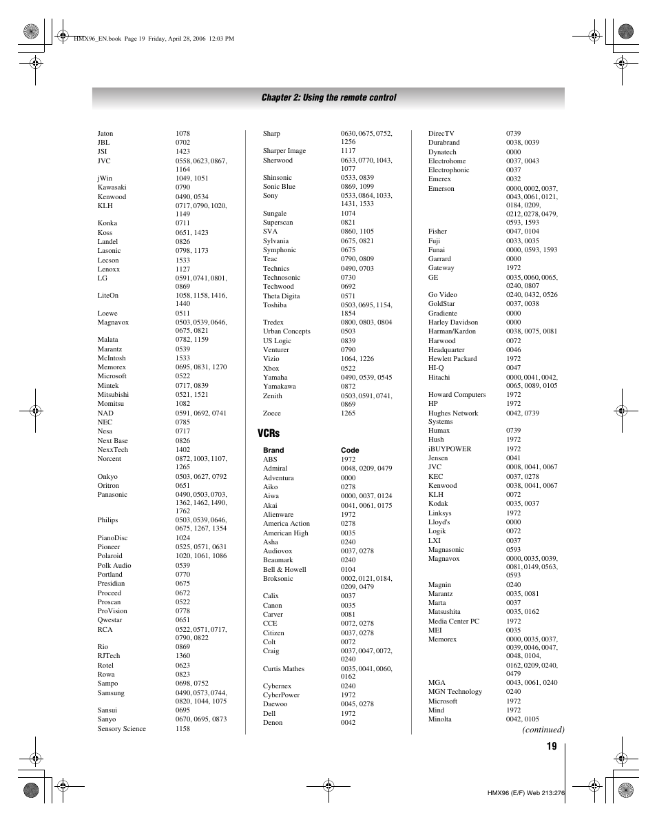Vcrs | Toshiba Integrated High Definition DLP 50HMX96 User Manual | Page 19 / 90