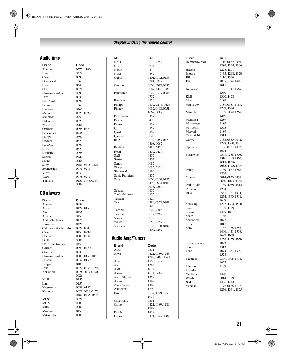 Audio amp cd players audio amp/tuners | Toshiba Integrated High Definition DLP 50HMX96 User Manual | Page 21 / 90