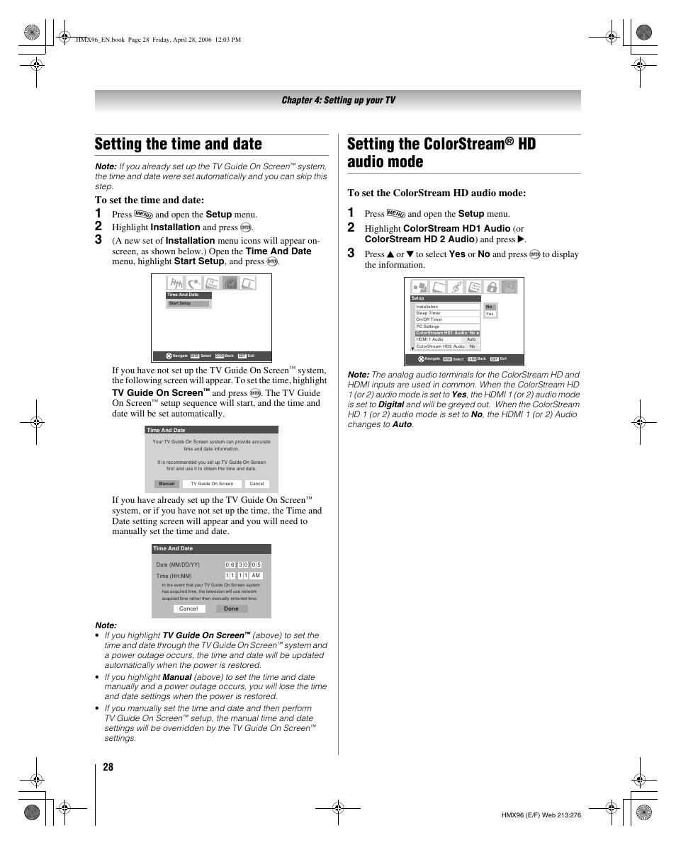 Setting the time and date, Setting the colorstream, Hd audio mode | Toshiba Integrated High Definition DLP 50HMX96 User Manual | Page 28 / 90
