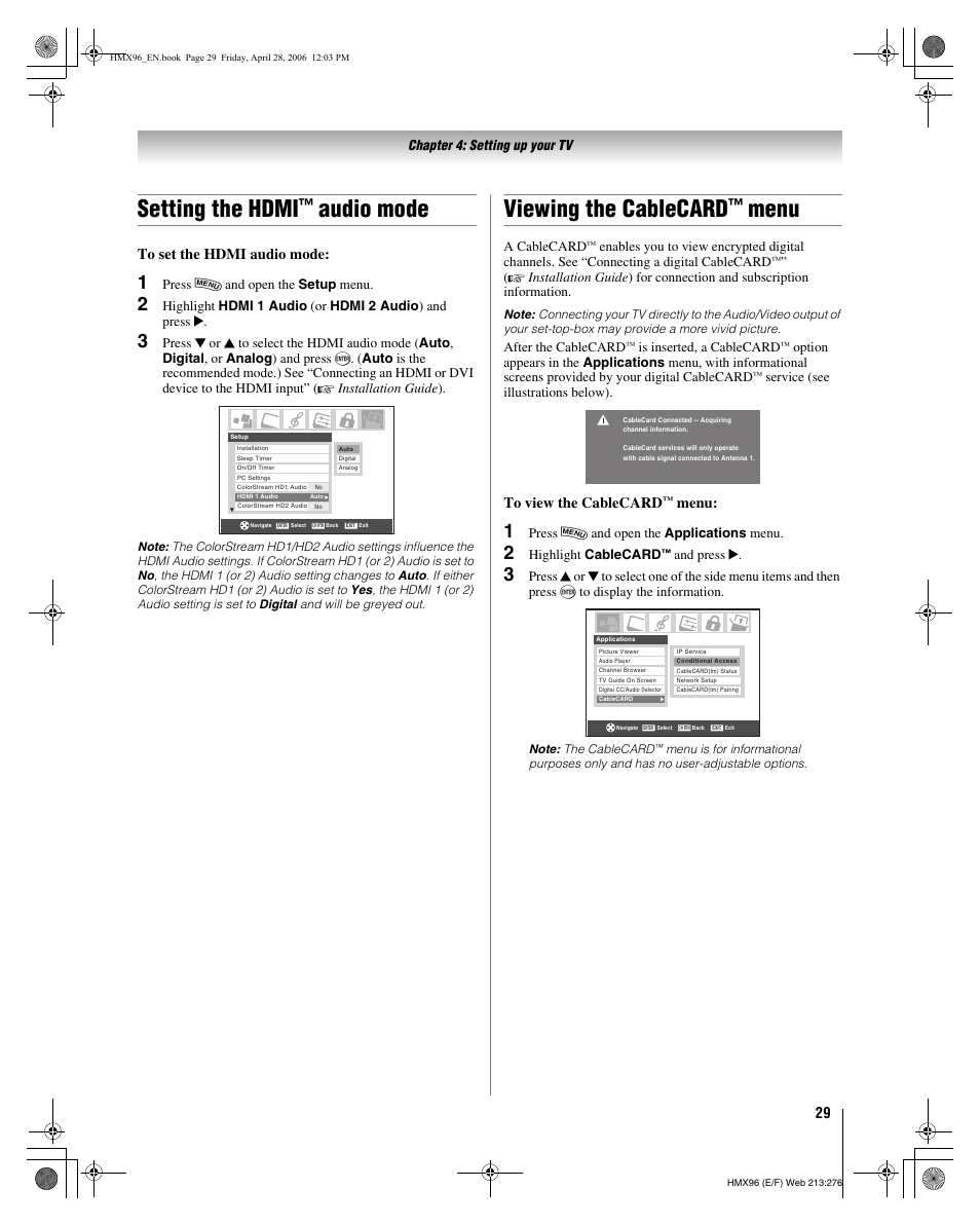 Setting the hdmi, Audio mode, Viewing the cablecard | Menu | Toshiba Integrated High Definition DLP 50HMX96 User Manual | Page 29 / 90