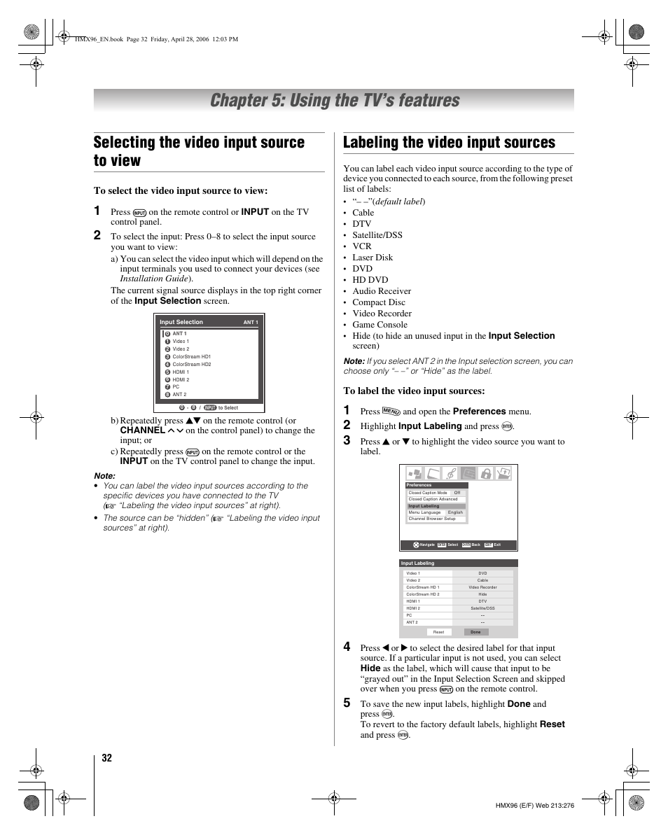 Chapter 5: using the tv’s features, Selecting the video input source to view, Labeling the video input sources | Toshiba Integrated High Definition DLP 50HMX96 User Manual | Page 32 / 90