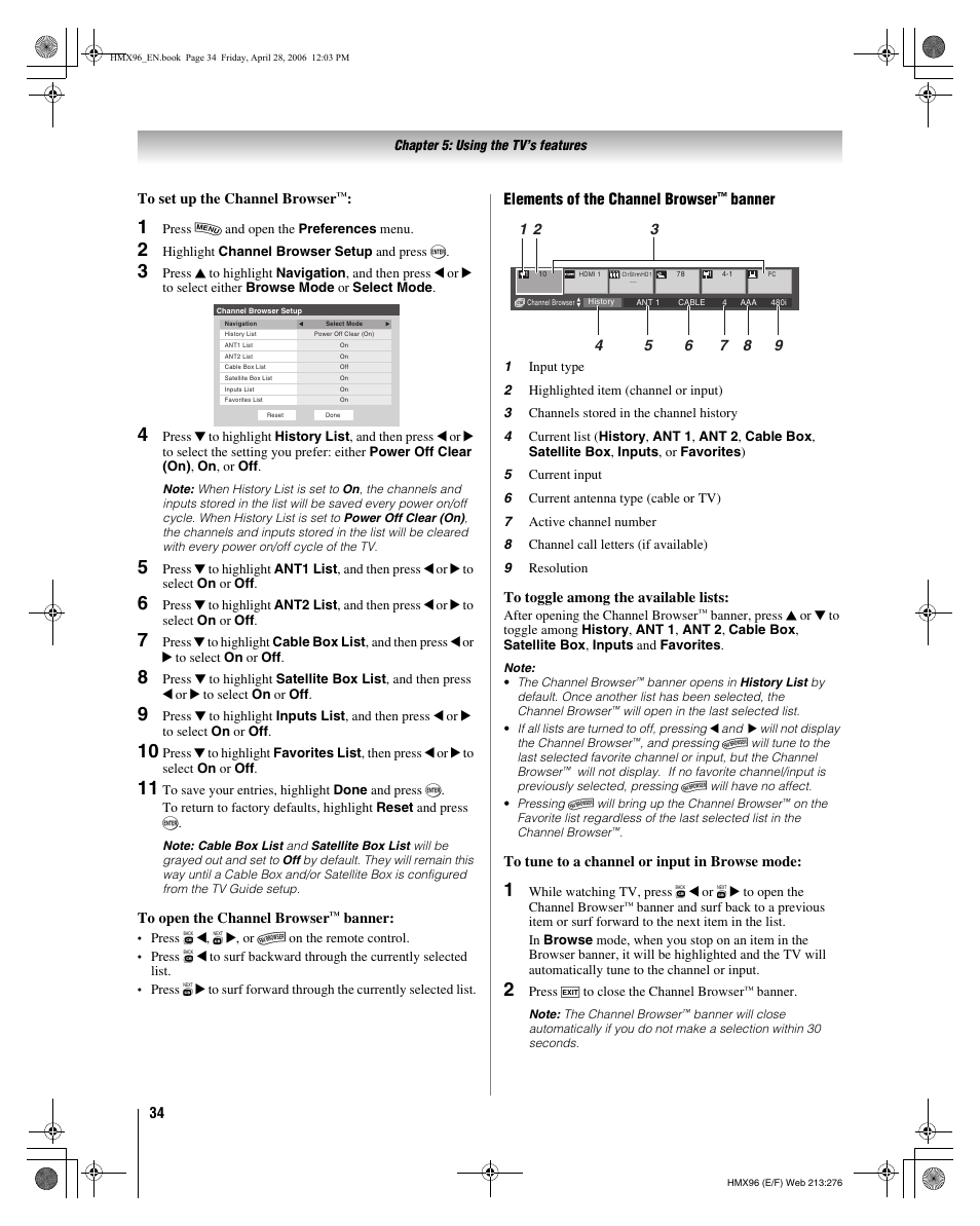 Elements of the channel browser, Banner | Toshiba Integrated High Definition DLP 50HMX96 User Manual | Page 34 / 90