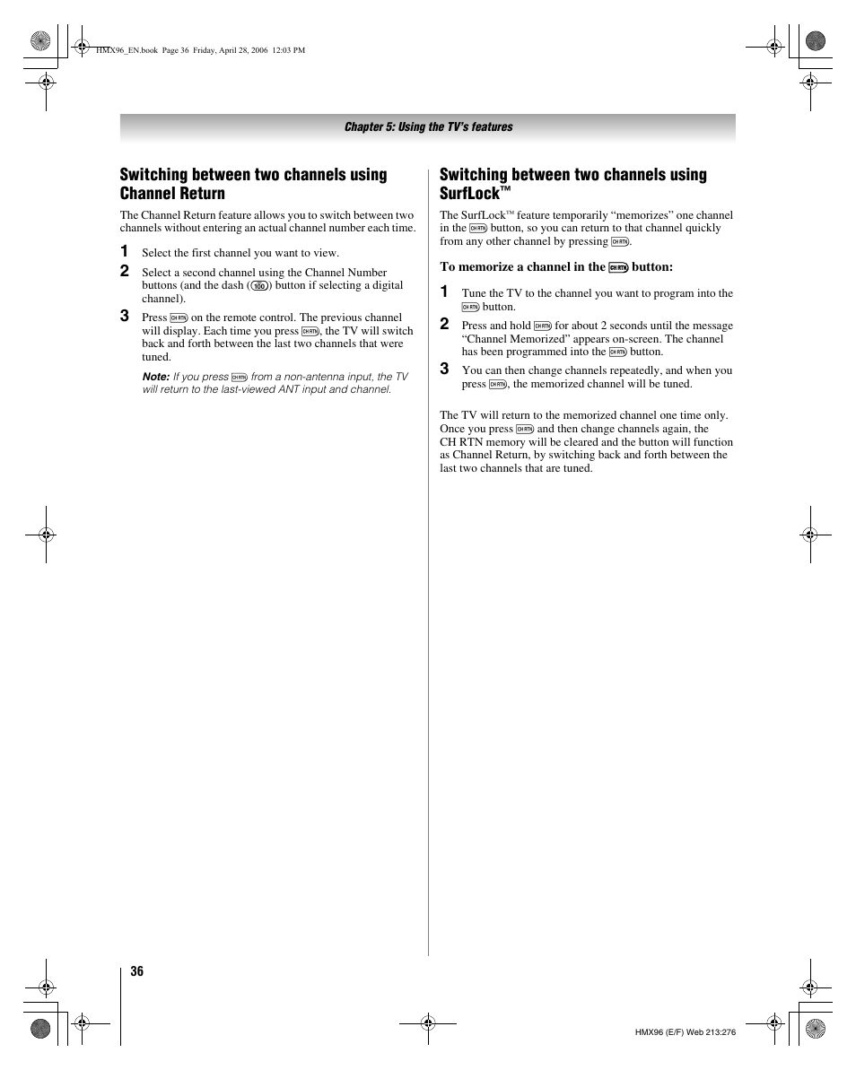 Switching between two channels using surflock | Toshiba Integrated High Definition DLP 50HMX96 User Manual | Page 36 / 90