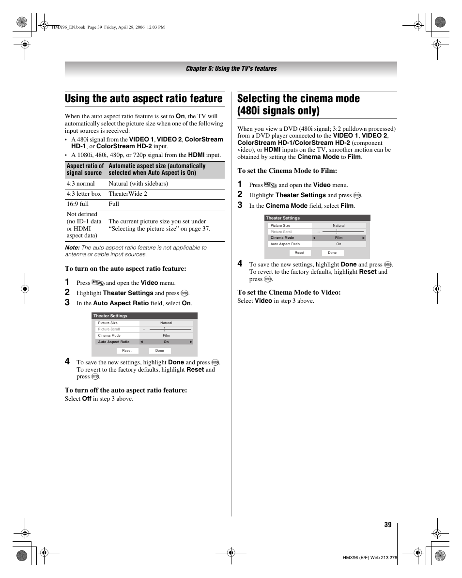 Using the auto aspect ratio feature, Selecting the cinema mode (480i signals only) | Toshiba Integrated High Definition DLP 50HMX96 User Manual | Page 39 / 90