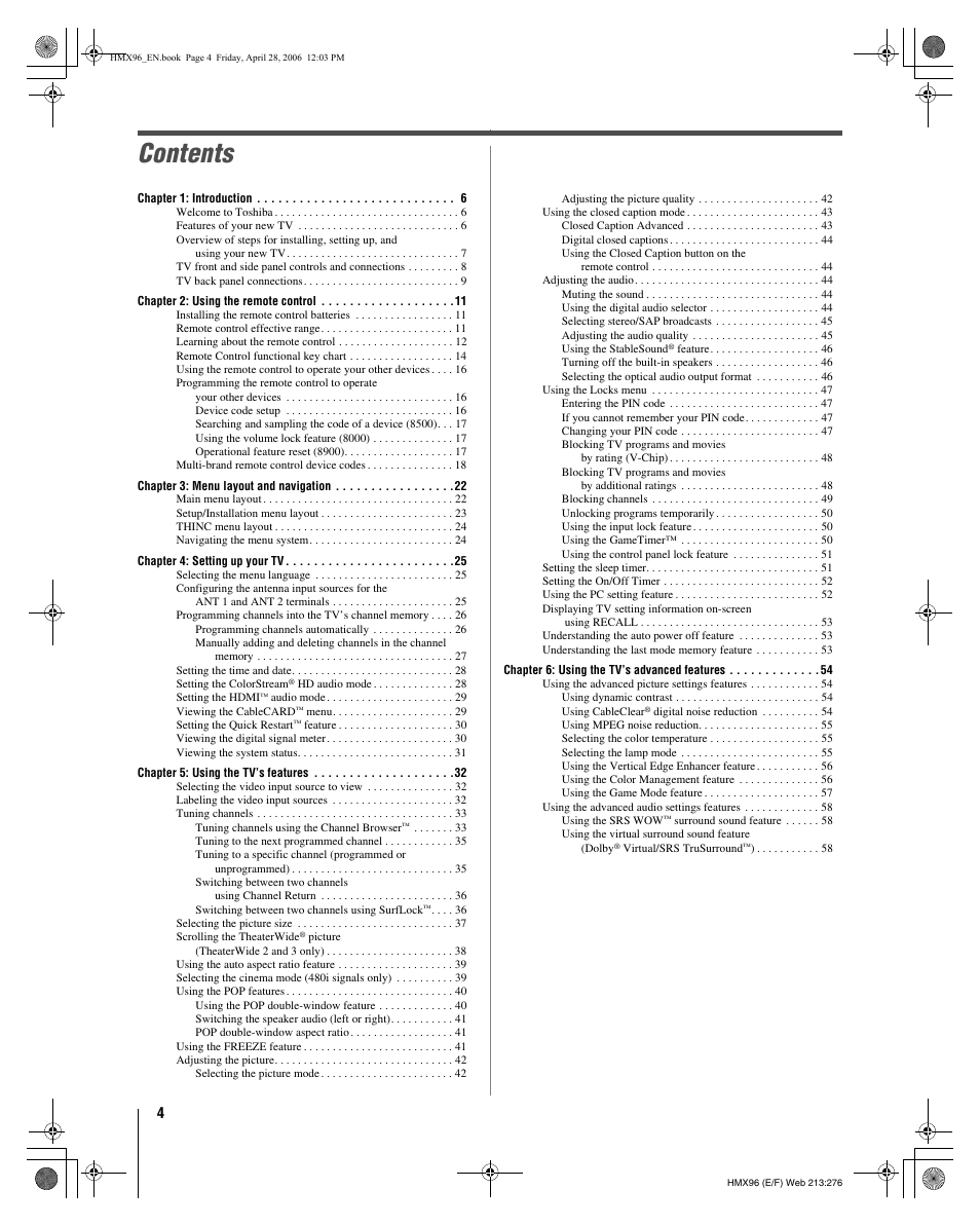 Toshiba Integrated High Definition DLP 50HMX96 User Manual | Page 4 / 90